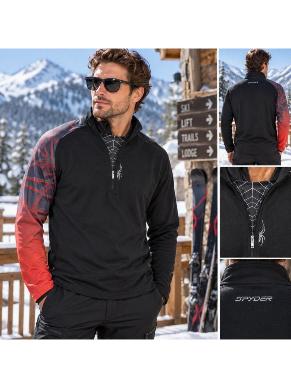 Spyder Mens Size L 1/4 Zip Base Layer Black Red Spider Web Ski Pullover Shirt